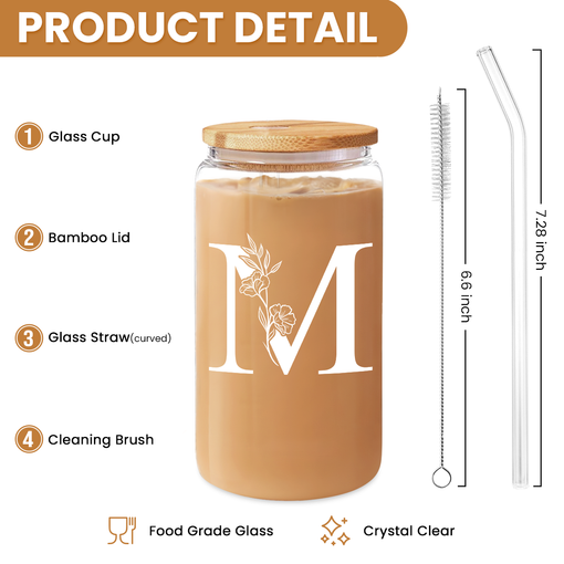 Monogram M Initial Glass Cup 16 Oz Can Coffee Cups with Lid and Straw