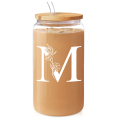 Monogrammed Gifts for Women, Initial Glass Cup 16 Oz Can Coffee Cups with Lid and Straw - Monogram Initials Gifts for Womens on Birthday