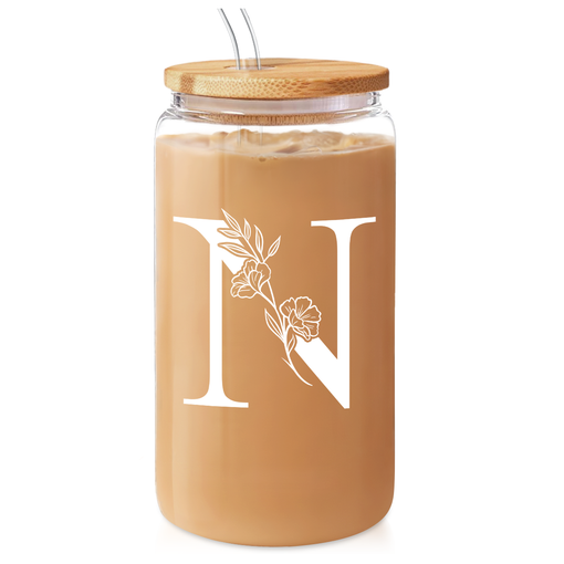 Monogram N Initial Glass Cup 16 Oz Can Coffee Cups with Lid and Straw - Gifts for Womens on Birthday