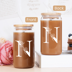 Monogram N Initial Glass Cup 16 Oz Can Coffee Cups with Lid and Straw - Gifts for Womens on Birthday