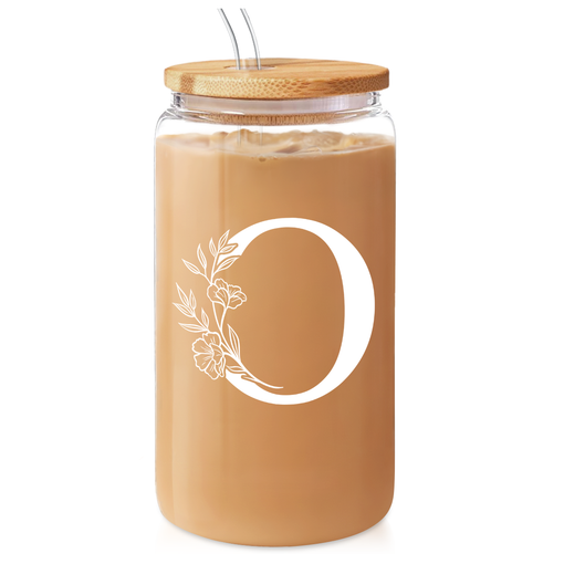 Monogram O Initial Glass Cup 16 Oz Can Coffee Cups with Lid and Straw - Gifts for Womens on Birthday