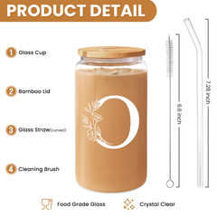 Monogram O Initial Glass Cup 16 Oz Can Coffee Cups with Lid and Straw - Gifts for Womens on Birthday