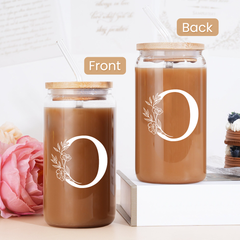 Monogram O Initial Glass Cup 16 Oz Can Coffee Cups with Lid and Straw - Gifts for Womens on Birthday