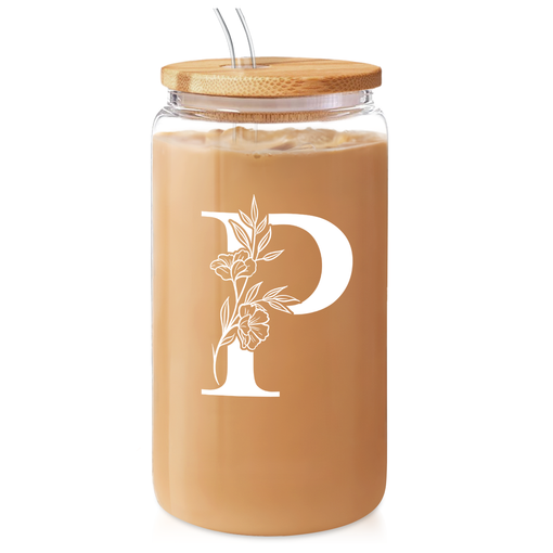 Monogram P Initial Glass Cup 16 Oz Can Coffee Cups with Lid and Straw - Gifts for Womens on Birthday