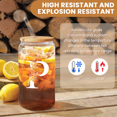 Monogram P Initial Glass Cup 16 Oz Can Coffee Cups with Lid and Straw - Gifts for Womens on Birthday