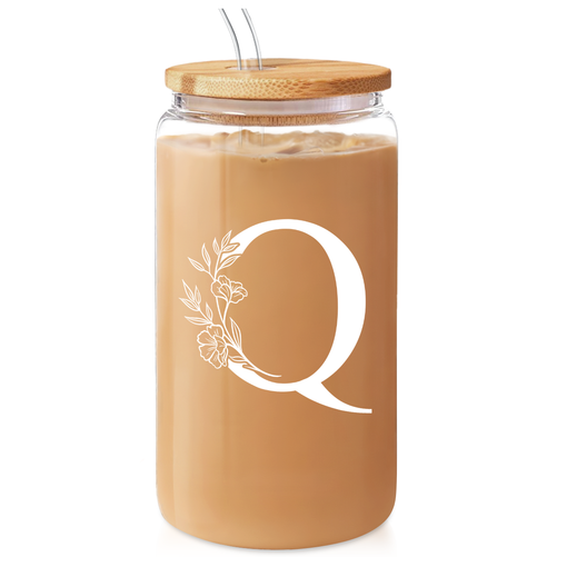 Monogram Q Initial Glass Cup 16 Oz Can Coffee Cups with Lid and Straw - Gifts for Womens on Birthday