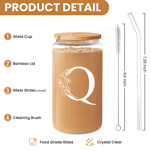 Monogram Q Initial Glass Cup 16 Oz Can Coffee Cups with Lid and Straw - Gifts for Womens on Birthday