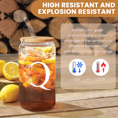 Monogram Q Initial Glass Cup 16 Oz Can Coffee Cups with Lid and Straw - Gifts for Womens on Birthday