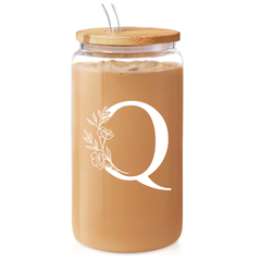 Monogrammed Gifts for Women, Initial Glass Cup 16 Oz Can Coffee Cups with Lid and Straw - Monogram Initials Gifts for Womens on Birthday