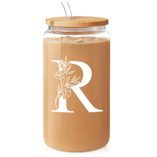 Monogram R Initial Glass Cup 16 Oz Can Coffee Cups with Lid and Straw - Gifts for Womens on Birthday