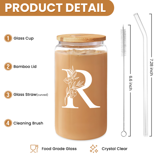 Monogram R Initial Glass Cup 16 Oz Can Coffee Cups with Lid and Straw - Gifts for Womens on Birthday