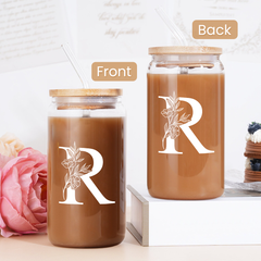 Monogram R Initial Glass Cup 16 Oz Can Coffee Cups with Lid and Straw - Gifts for Womens on Birthday