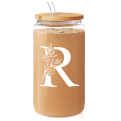 Monogrammed Gifts for Women, Initial Glass Cup 16 Oz Can Coffee Cups with Lid and Straw - Monogram Initials Gifts for Womens on Birthday