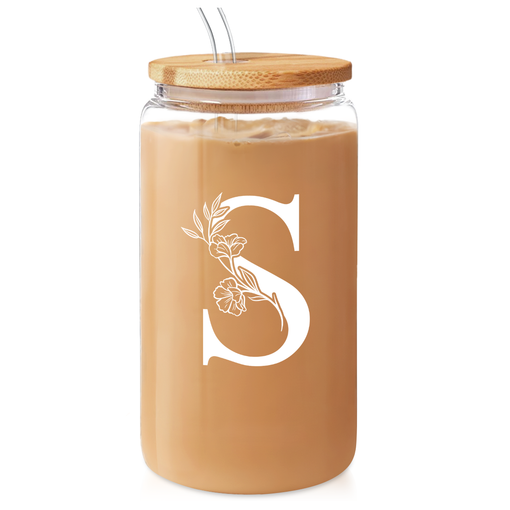 Monogram S Initial Glass Cup 16 Oz Can Coffee Cups with Lid and Straw - Gifts for Womens on Birthday