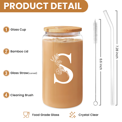 Monogram S Initial Glass Cup 16 Oz Can Coffee Cups with Lid and Straw - Gifts for Womens on Birthday