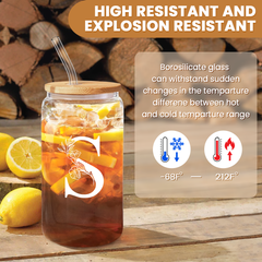 Monogram S Initial Glass Cup 16 Oz Can Coffee Cups with Lid and Straw - Gifts for Womens on Birthday