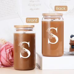 Monogram S Initial Glass Cup 16 Oz Can Coffee Cups with Lid and Straw - Gifts for Womens on Birthday