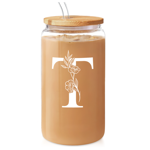 Monogram T Initial Glass Cup 16 Oz Can Coffee Cups with Lid and Straw - Gifts for Womens on Birthday