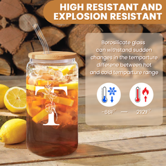 Monogram T Initial Glass Cup 16 Oz Can Coffee Cups with Lid and Straw - Gifts for Womens on Birthday