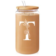 Monogrammed Gifts for Women, Initial Glass Cup 16 Oz Can Coffee Cups with Lid and Straw - Monogram Initials Gifts for Womens on Birthday