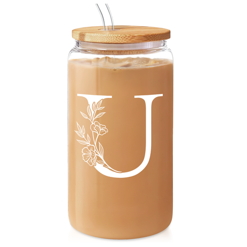 Monogram U Initial Glass Cup 16 Oz Can Coffee Cups with Lid and Straw - Gifts for Womens on Birthday