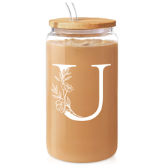 Monogram U Initial Glass Cup 16 Oz Can Coffee Cups with Lid and Straw - Gifts for Womens on Birthday