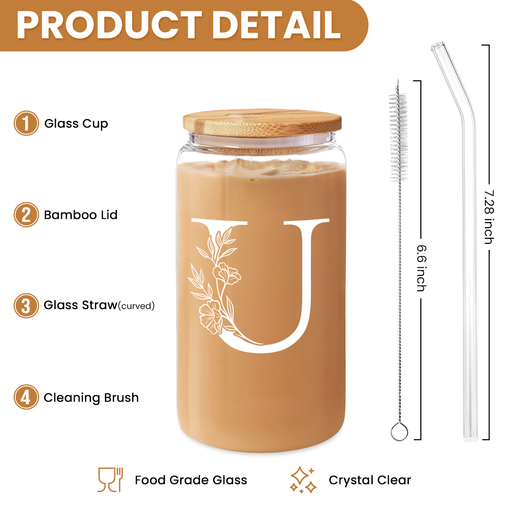 Monogram U Initial Glass Cup 16 Oz Can Coffee Cups with Lid and Straw - Gifts for Womens on Birthday