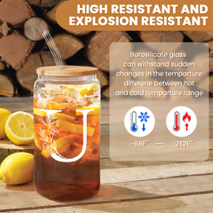 Monogram U Initial Glass Cup 16 Oz Can Coffee Cups with Lid and Straw - Gifts for Womens on Birthday