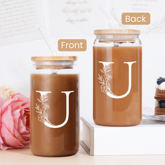 Monogram U Initial Glass Cup 16 Oz Can Coffee Cups with Lid and Straw - Gifts for Womens on Birthday