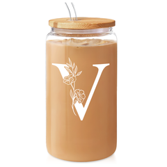 Monogrammed Gifts for Women, Initial Glass Cup 16 Oz Can Coffee Cups with Lid and Straw - Monogram Initials Gifts for Womens on Birthday