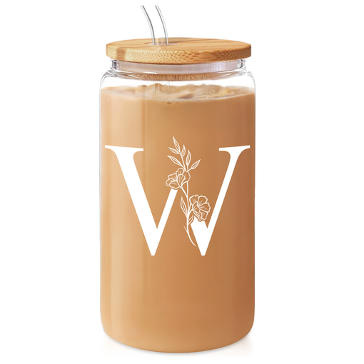 Monogram W Initial Glass Cup 16 Oz Can Coffee Cups with Lid and Straw - Gifts for Womens on Birthday