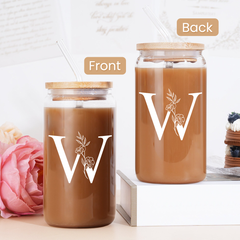 Monogram W Initial Glass Cup 16 Oz Can Coffee Cups with Lid and Straw - Gifts for Womens on Birthday