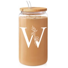 Monogrammed Gifts for Women, Initial Glass Cup 16 Oz Can Coffee Cups with Lid and Straw - Monogram Initials Gifts for Womens on Birthday