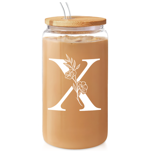 Monogram X Initial Glass Cup 16 Oz Can Coffee Cups with Lid and Straw - Gifts for Womens on Birthday