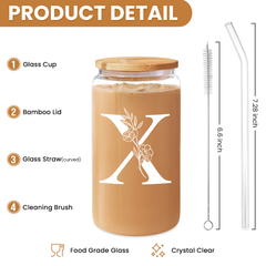 Monogram X Initial Glass Cup 16 Oz Can Coffee Cups with Lid and Straw - Gifts for Womens on Birthday