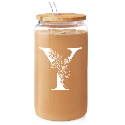 Monogram Y Initial Glass Cup 16 Oz Can Coffee Cups with Lid and Straw - Monogram Initials Gifts for Womens on Birthday