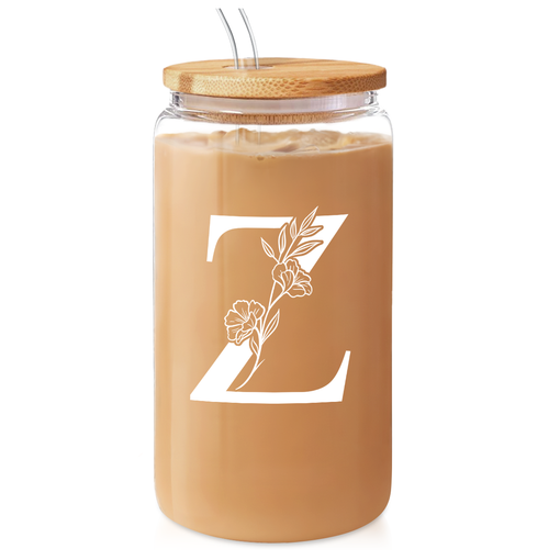 Monogram Z Initial Glass Cup 16 Oz Can Coffee Cups with Lid and Straw - Gifts for Womens on Birthday