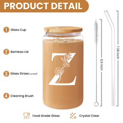 Monogram Z Initial Glass Cup 16 Oz Can Coffee Cups with Lid and Straw - Gifts for Womens on Birthday