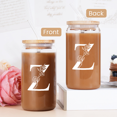 Monogram Z Initial Glass Cup 16 Oz Can Coffee Cups with Lid and Straw - Gifts for Womens on Birthday