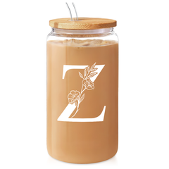 Monogrammed Gifts for Women, Initial Glass Cup 16 Oz Can Coffee Cups with Lid and Straw - Monogram Initials Gifts for Womens on Birthday