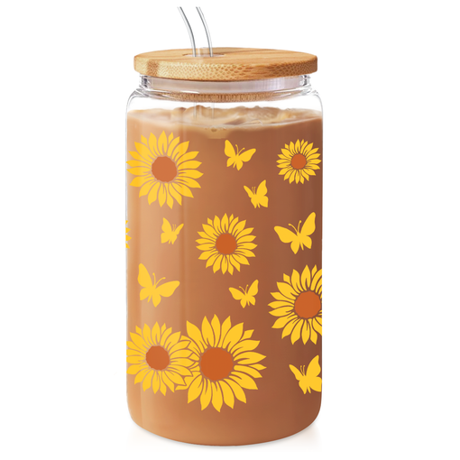 Sunflower Cup 16 Oz Can Glass Coffee Cups with Bamboo Lid and Straw - Sunflower Gifts for Women Birthday