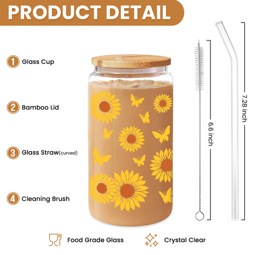 Sunflower Cup 16 Oz Can Glass Coffee Cups with Bamboo Lid and Straw - Sunflower Gifts for Women Birthday