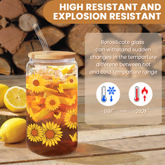 Sunflower Cup 16 Oz Can Glass Coffee Cups with Bamboo Lid and Straw - Sunflower Gifts for Women Birthday