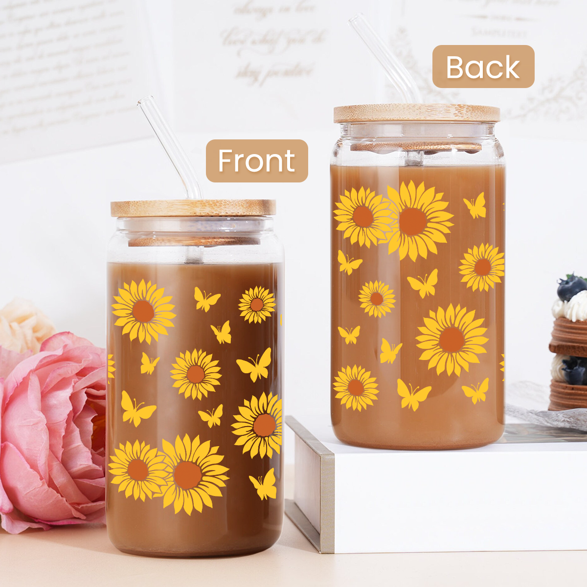 Sunflower GlassGlow | Glass Tumbler with Bamboo Lid 16oz
