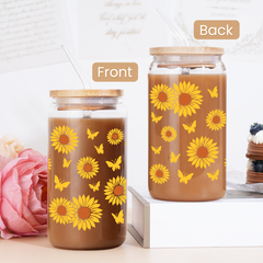 Sunflower Cup 16 Oz Can Glass Coffee Cups with Bamboo Lid and Straw - Sunflower Gifts for Women Birthday