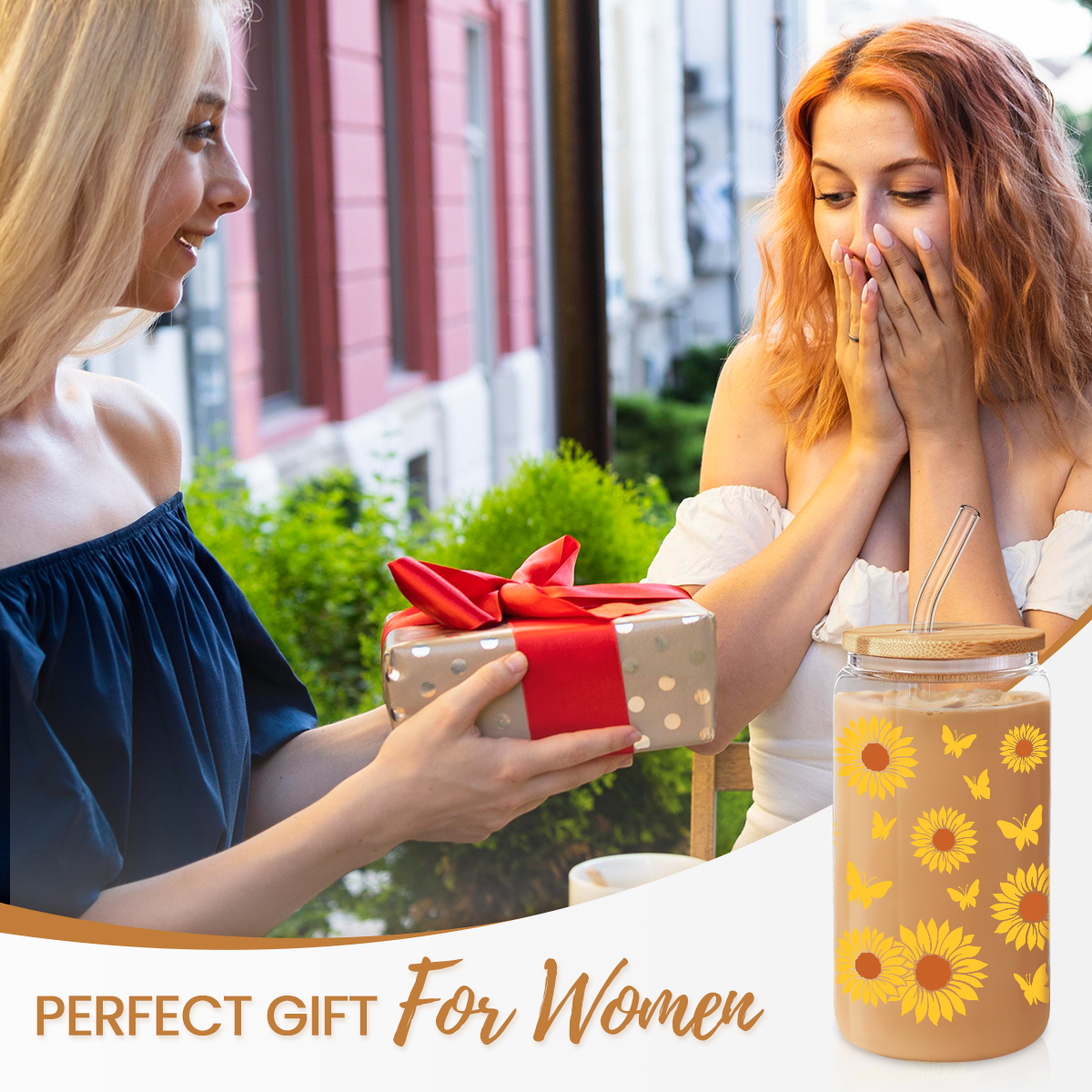 Sunflower GlassGlow | Glass Tumbler with Bamboo Lid 16oz