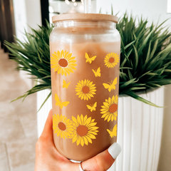 Sunflower GlassGlow | Glass Tumbler with Bamboo Lid 16oz