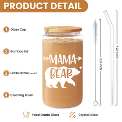 Mom 16 Oz Can Glass Coffee Cup with Bamboo Lid & Straw - Mothers Day Gifts for Mom from Daughter Son