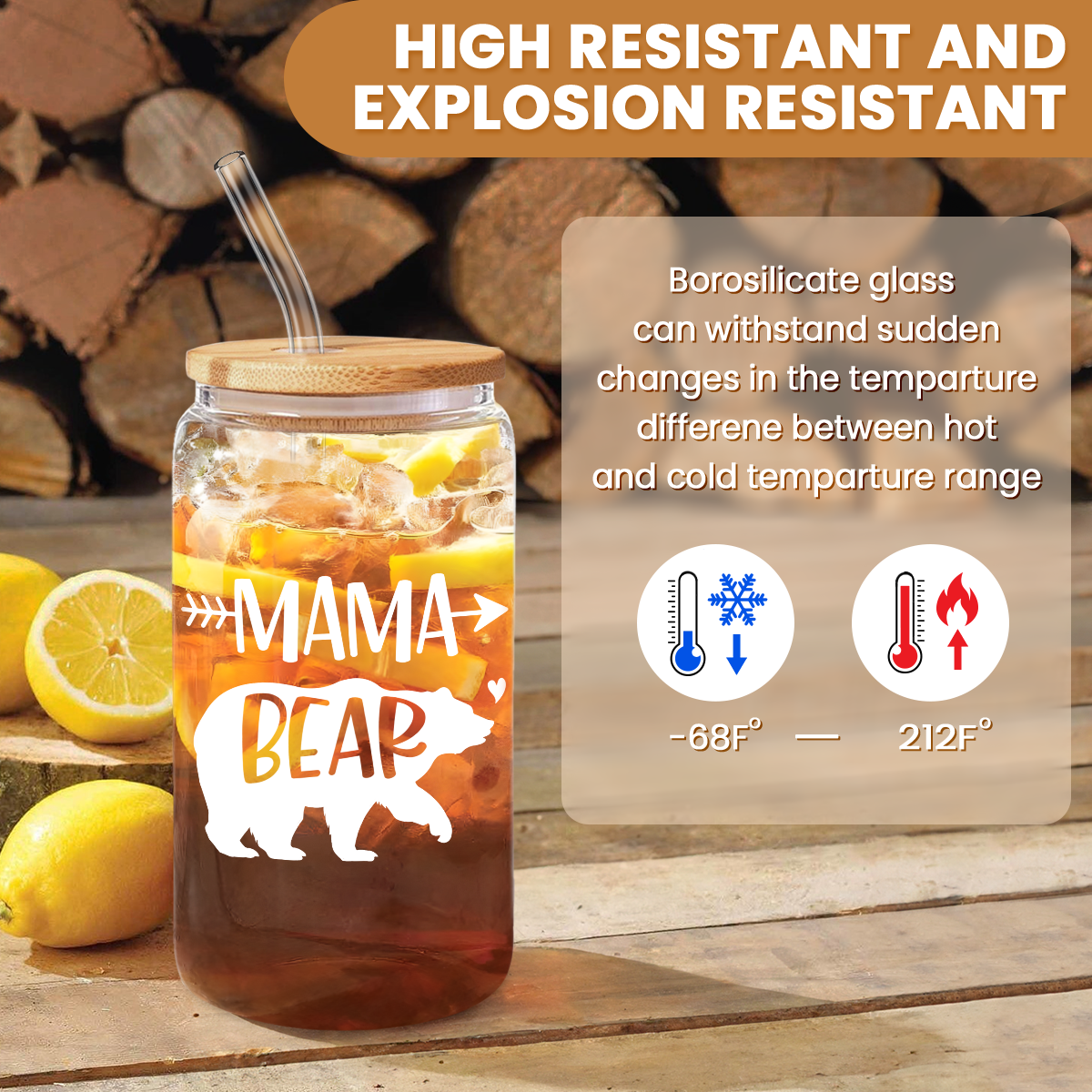Mama Bear GlassGlow | Glass Tumbler with Bamboo Lid 16oz