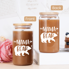 Mom 16 Oz Can Glass Coffee Cup with Bamboo Lid & Straw - Mothers Day Gifts for Mom from Daughter Son